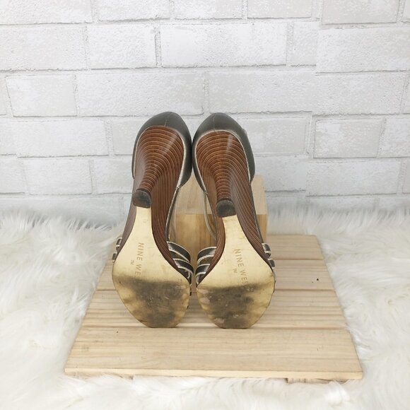 Nine West Yams Silver Metallic Stacked Wedge Open Toe Leather Sandal Size 7M - Picture 3 of 5